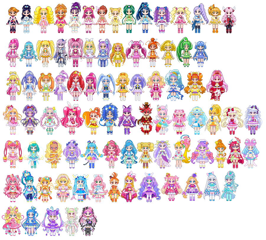 juno777work's tweet photo. プリキュアのドット絵、20周年の時から結構増えた！
作るのが難しいデザインも多いけど、ドット絵で表現したりキャラを少しずつ増やしたりしていくのが楽しい。
そのうち名探偵プリキュアも加えたい

#プリキュアドット絵 https://t.co/AcB39p7qD0
