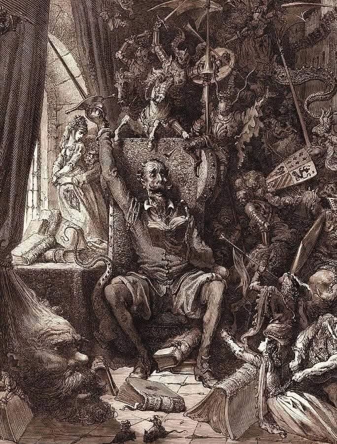 Arteymas_'s tweet photo. Se enfrascó tanto en su lectura, que se le pasaban las noches leyendo de claro en claro, y los días de turbio en turbio; y así, del poco dormir y del mucho leer, se le secó el celebro de manera que vino a perder el juicio. 

El ingenioso hidalgo don Quijote de la Mancha de Miguel de Cervantes.

Ilustración de Gustave Doré