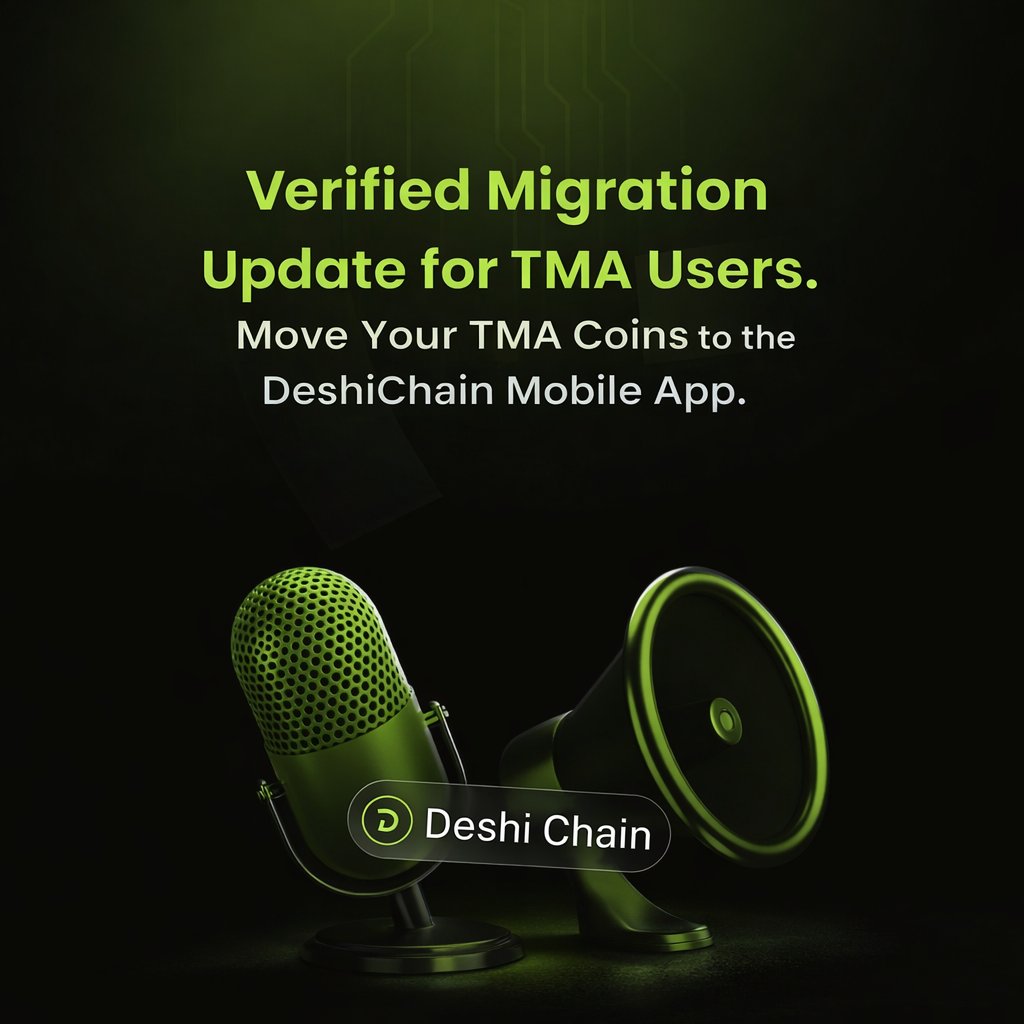 🚨Official TMA Migration Announcement🚨
             Verified &amp; Final Opportunity

To ensure a fair, secure, and loyal DeshiChain community, we are introducing a condition-based migration system for all old TMA mining users.

This step is necessary to:

➡️ Prevent multiple fake
