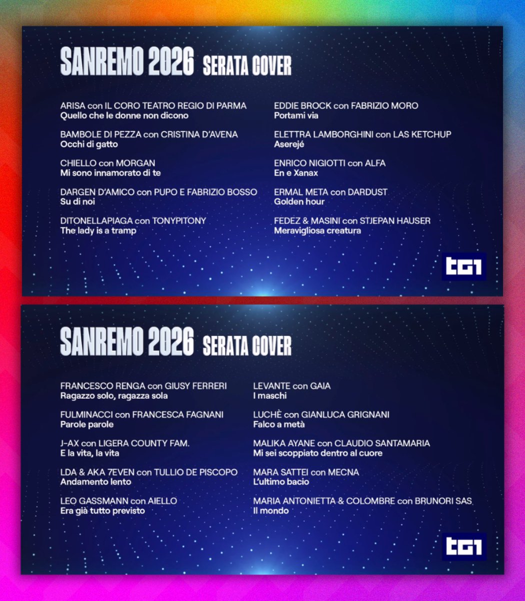 trash_italiano's tweet photo. Tutti i duetti di #Sanremo2026 💐 https://t.co/dbFL0yZMVX