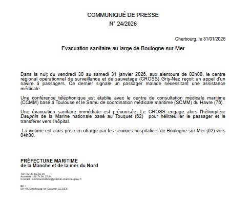 Image de Préfecture maritime Manche et mer du Nord - 🛟 Évacuation sanitaire au large de Boulogne-sur-Mer Coordination par CROSS GRISNEZ