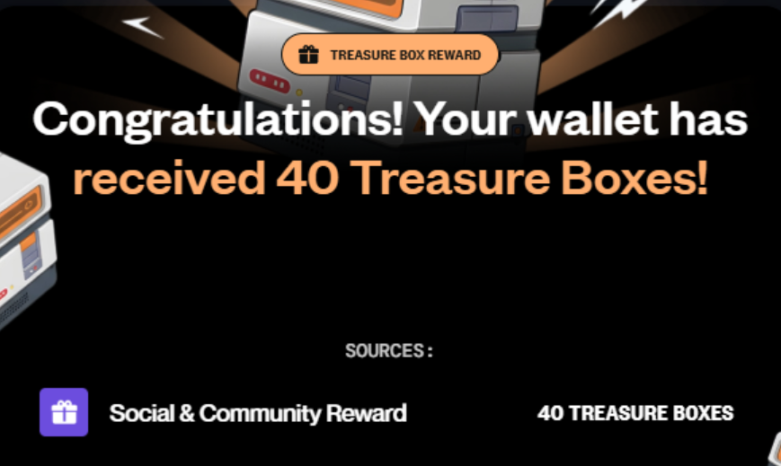 I just won a raffle and received 40 treasure boxes worth $120 from <a href="/bythenAI/">bythen</a>

Plus 4 boxes from Abstract perks and 9 more after connecting every wallet I have.

That makes around 53 boxes in total, but...

I didn't get any NFTs, just some tickets I can spend if there are
