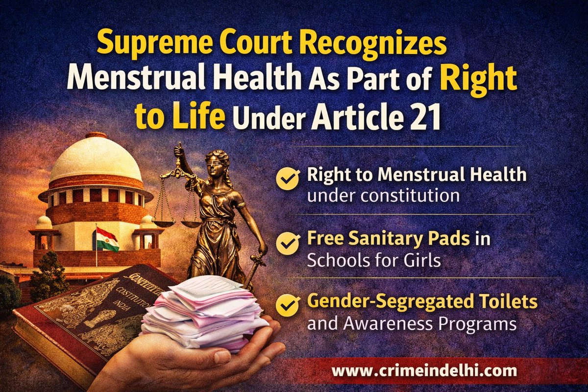 crimeindel95375's tweet photo. The Supreme Court has held that menstrual health is part of the Right to Life under Article 21.

Mandatory directions issued for:
✔️ Free sanitary pads
✔️ School sanitation
✔️ MHM corners
✔️ Awareness programmes https://t.co/aJx7gVGPR0