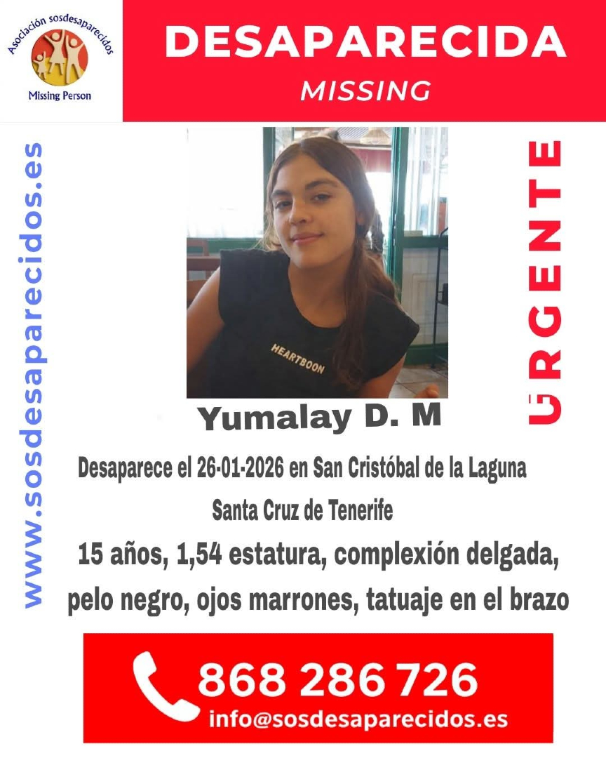 ➡️Se busca a Yumalay D.M. desaparecida el pasado 26 de enero en San Cristóbal de La Laguna. 

👉Se pide colaboración ciudadana y en caso de ver a la menor, ponerse en contacto con el teléfono 868286726