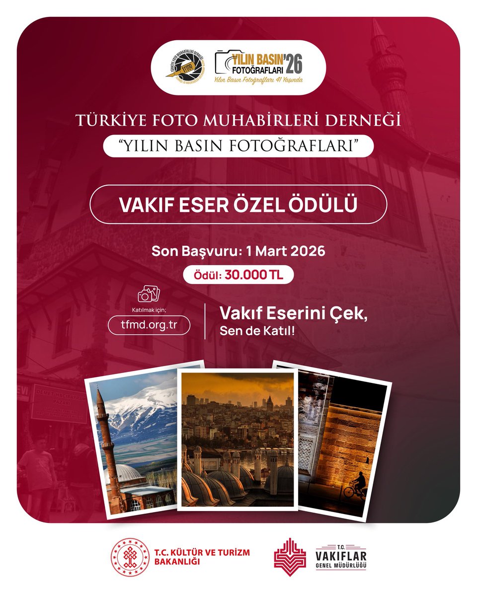 Objektifler hazır mı? 📸
Türkiye Foto Muhabirleri Derneği Yılın Basın Fotoğrafları Yarışmasında
Vakıf Eser Özel Ödülü Kategorisi Sizleri Bekliyor.
🥇 Birinciye 30.000 TL
Karelerin gücüyle tarihe not düşün.

@tckulturturizm <a href="/FotoMuhabirleri/">TFMD</a> 
#ObjektifindeVakıfEser