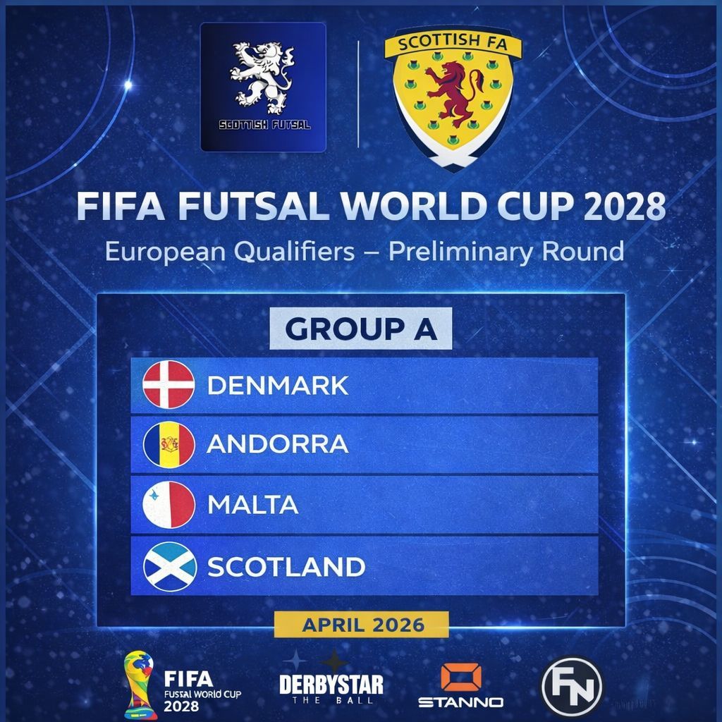 The journey continues 🏴󠁧󠁢󠁳󠁣󠁴󠁿 🔥

After a tough but important run at Futsal Week, Scotland now look ahead to the FIFA Futsal World Cup Qualifiers in April.
Group A awaits 🇩🇰🇦🇩🇲🇹

📍 Denmark | Andorra | Malta | Scotland
#ScoFutsal #FutsalWCQ #RoadToTheWorldCup