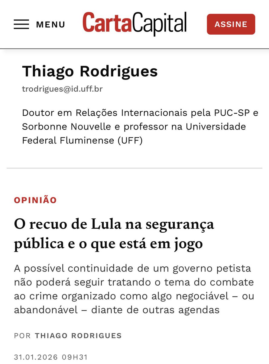 É ano eleitoral e o tema da segurança pública está no centro do debate. Minha mais recente coluna para <a href="/cartacapital/">CartaCapital</a> discute as reticências do governo #Lula e a reação da ultra-direita.

cartacapital.com.br/opiniao/o-recu…

#segurancapublica #brasil #pecdasegurança #criminalidade
