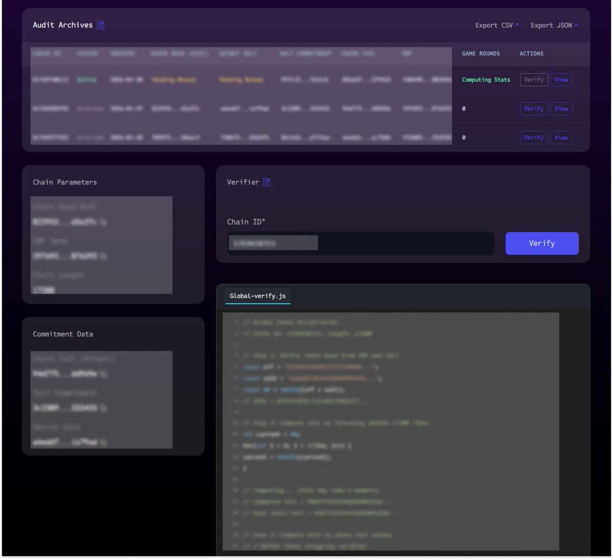 luckyx_game's tweet image. Verification doesn’t end with a single round.

Each hash chain epoch on LUCKY X is archived with its full commitment data — including chain head, chain tail, salt commitment, and VRF reference.

This allows past periods to be reviewed and reasoned about as a whole, not reduced to