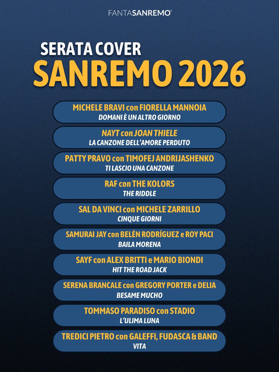 FantaSanremo's tweet image. 🚨 Breaking News 🚨

Carlo Conti ha appena annunciato al #Tg1 la lista dei brani della serata cover e i relativi artisti che duetteranno con i Big in gara!

#carloconti #cover #fantasanremo #sanremo2026