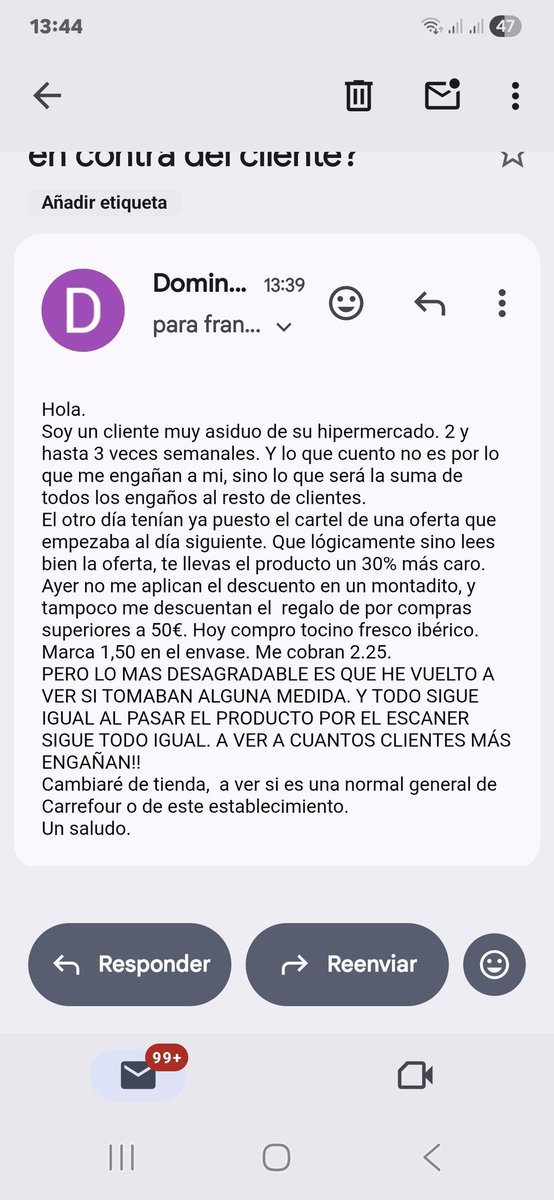 domingognoguera's tweet photo. @CarrefourES esta es la carta que he enviado a su director del establecimiento de Paterna. Espero que no sea una práctica habitual.  Un saludo. https://t.co/S8CUOLIyCC