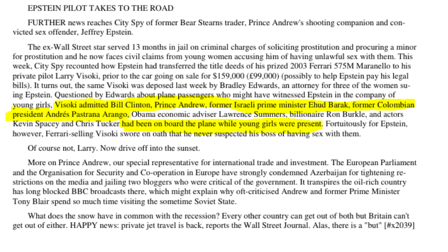 JulianMaciasT's tweet image. El expresidente de Colombia Pastrana, miembro de Atlas Network e íntimo amigo de Aznar y Cayetana Álvarez de Toledo aparece en los archivos Epstein y confirman al menos 30 vuelos en su avión. Viajó con menores junto al príncipe Andrés, Bill Clinton y el primer ministro israelí.