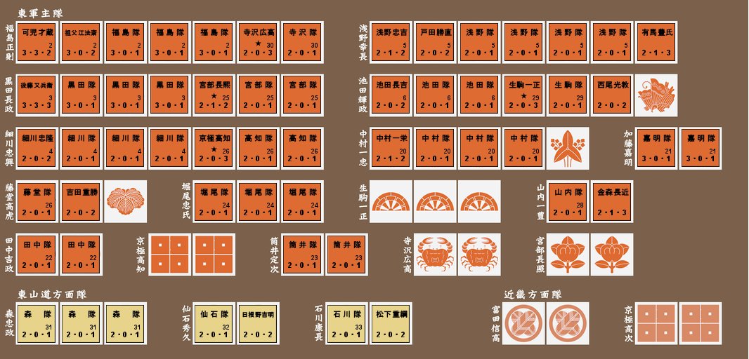 水戸爺さんと戦国のいちばん長い日 S4 上杉征伐 in0/6

関ヶ原合戦時、三成を欺くために小山城に集結した東軍が
そのまま上杉征伐を行っていたらの仮想シナリオ

小山城に渦高く積み上がった東軍ユニットが目立ちます