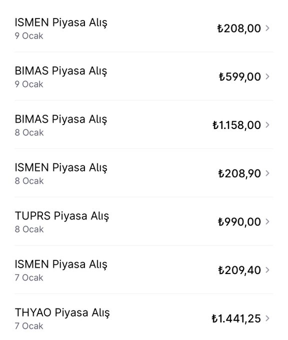7-8-9 Ocak alımlarım🗓️
🛢️#TUPRS 5 adet
🛒#BIMAS 3 adet
💼#ISMEN 15 adet
✈️#THYAO 5 adet