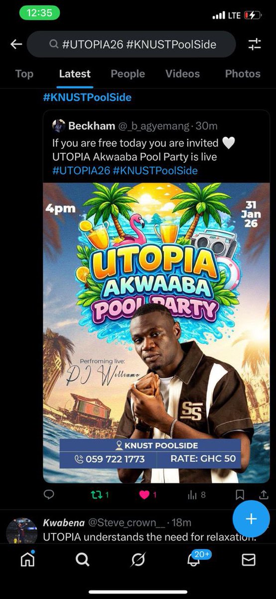 Cinboat2's tweet photo. Campus culture shines through well-curated events 🌟 UTOPIA delivers that vision.
Join us live. #UTOPIA26 #KNUSTPoolSide https://t.co/VZMiUbzDOv