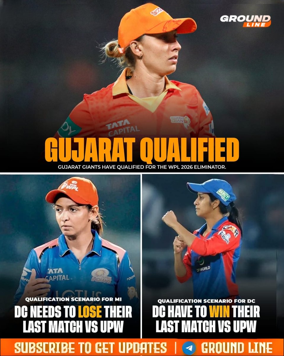 groundlinex's tweet image. They are in! The playoff picture is getting clearer. ✅🏏

Gujarat Giants have officially booked their place in the WPL 2026 playoffs, becoming the second team to qualify. The quest for the title is on!

#Trusted777Liveline
#WPLPlayoffs
#GujaratGiants