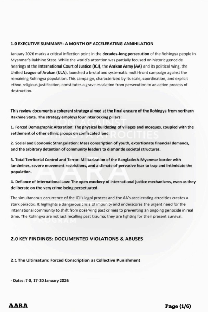 ActionRohingya's tweet photo. MONTHLY HUMAN RIGHTS REVIEW: JANUARY 2026

A Strategy of Erasure: The Arakan Army's Systematic Campaign Against the Rohingya During ICJ Genocide Hearings

Prepared by: @ActionRohingya 
Monthly News Report;
https://t.co/vgsnEW6EwN https://t.co/wmTo554Dxi