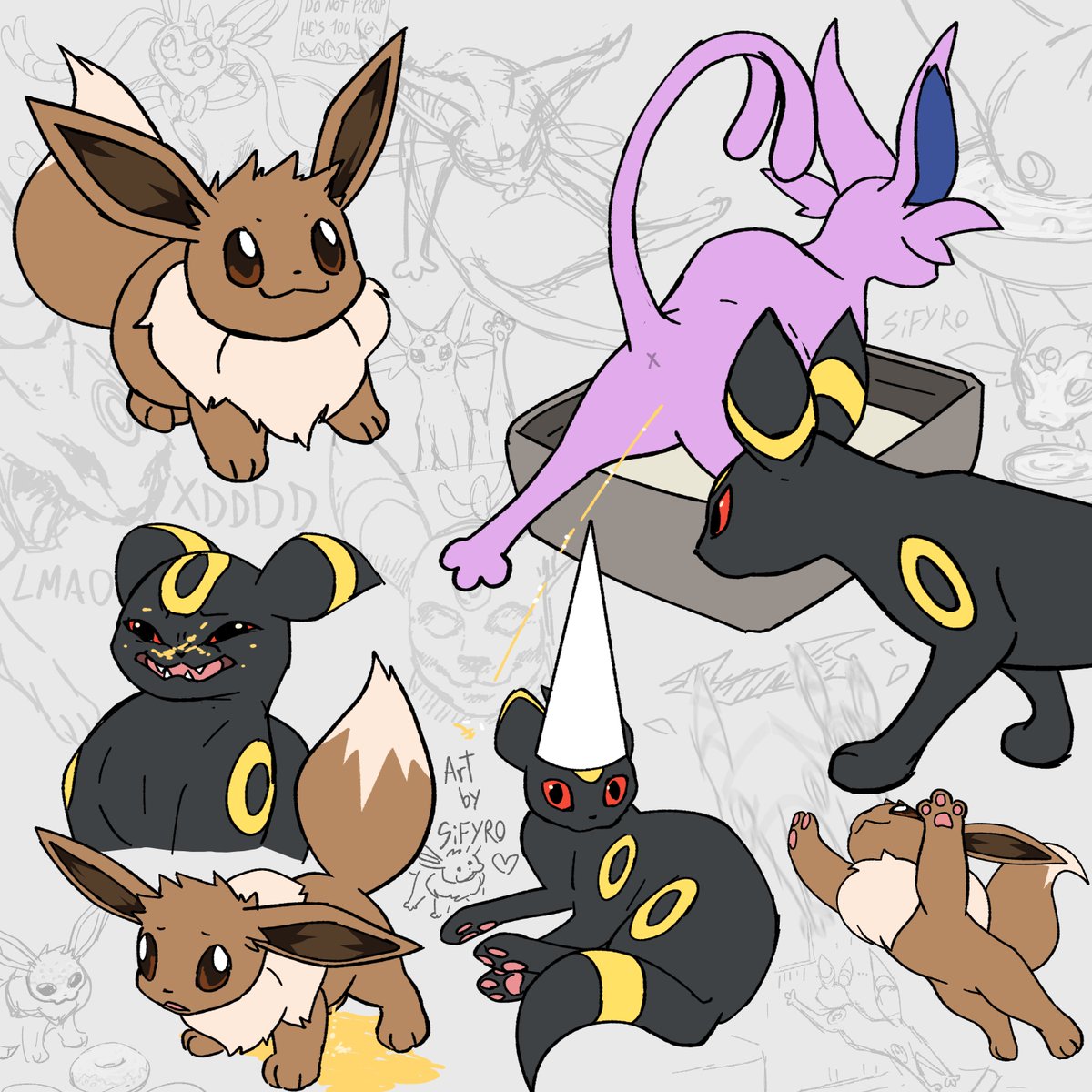 Some doodle page I made of Eevee, espeon, umbreon and a fat Sylveon :3