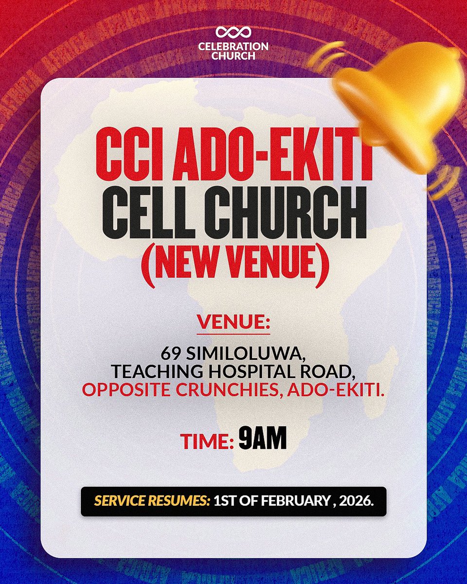 cci__online's tweet photo. Good news!!! 🎉
Celebration Cell Church Ado-Ekiti has a new venue!

In or around Ado-Ekiti?
Join us this Sunday 🤍

📍 69 Similoluwa, Teaching Hospital Road
(Opposite Crunchies), Ado-Ekiti.

See you on Sunday! ❤️

#CCIGlobal #CelebrateOnline #CCIAdoEkitiCellChurch https://t.co/FINUlIil9s