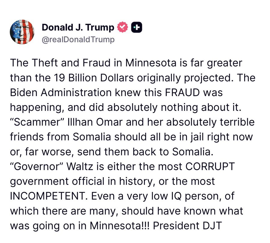 DerrickEvans4WV's tweet image. 🚨 President Trump raises concerns about large-scale fraud in Minnesota, calling for accountability and stronger oversight of taxpayer funds.