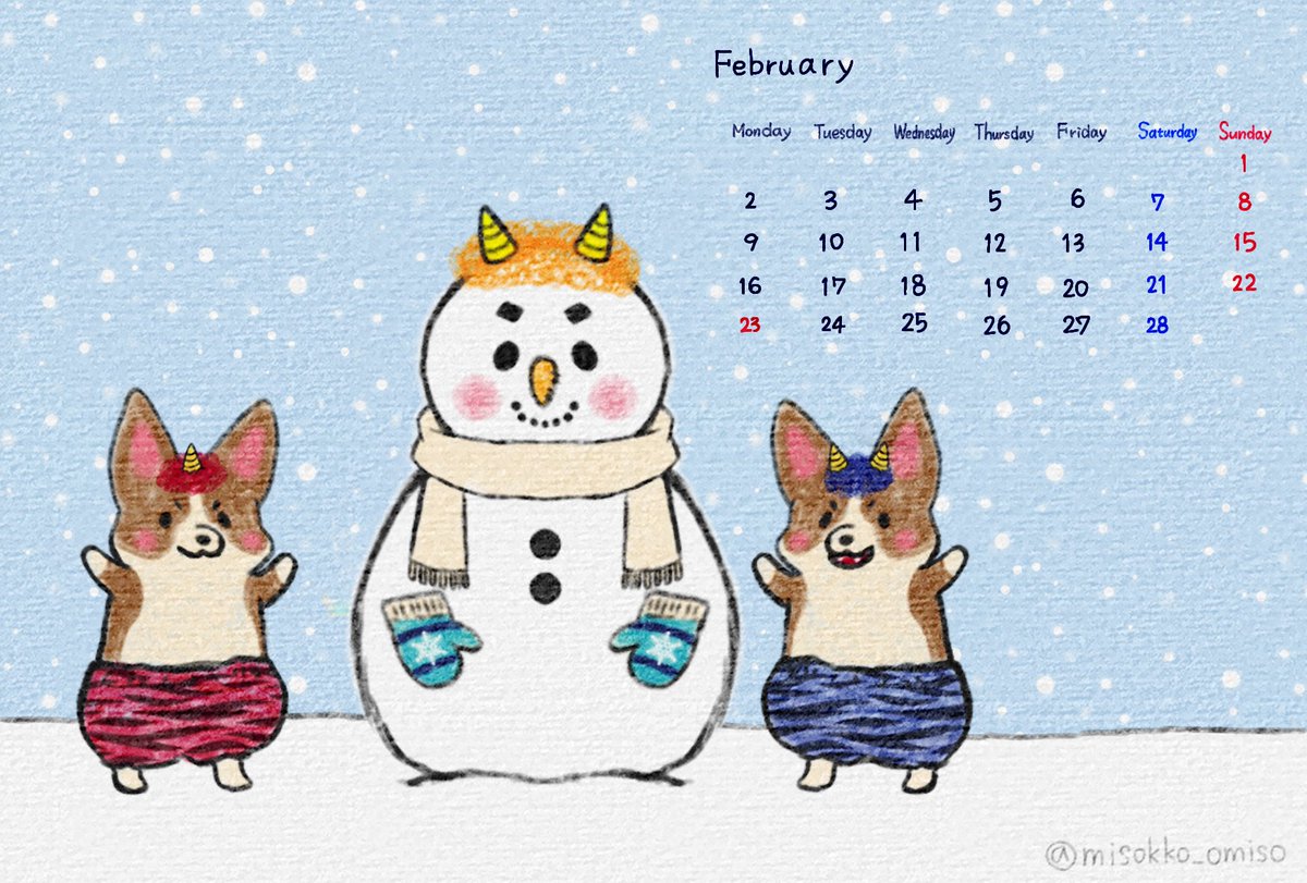 明日から2月ですね。ってことで2月のカレンダー。コギオニは、招いちゃうよね。可愛いもの。

#イラスト　#コーギー