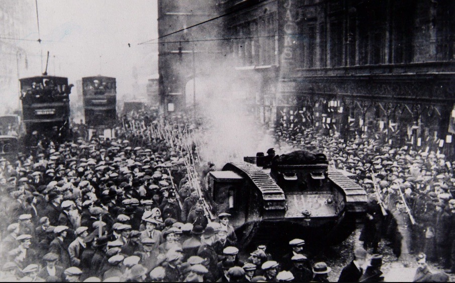 Today marks the anniversary of the Battle of George Square, 31 January 1919: clashes between police and striking workers demanding a 40-hour week. Fearing revolution, the British state sent six tanks from northern England, accompanied by Scottish troops.  
Never forget.