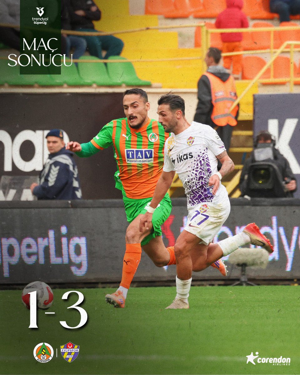 Alanyaspor's tweet photo. Corendon Alanyaspor’umuz – İkas Eyüpspor: 1-3 (Maç sonucu)

#ALYvEYP https://t.co/oquMdve0tB