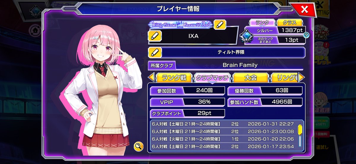IXA_POKERCHASE's tweet photo. 1月クラマ3-4-1-0-0-0-不参加5で29pt～ https://t.co/bhL1tmYpHH