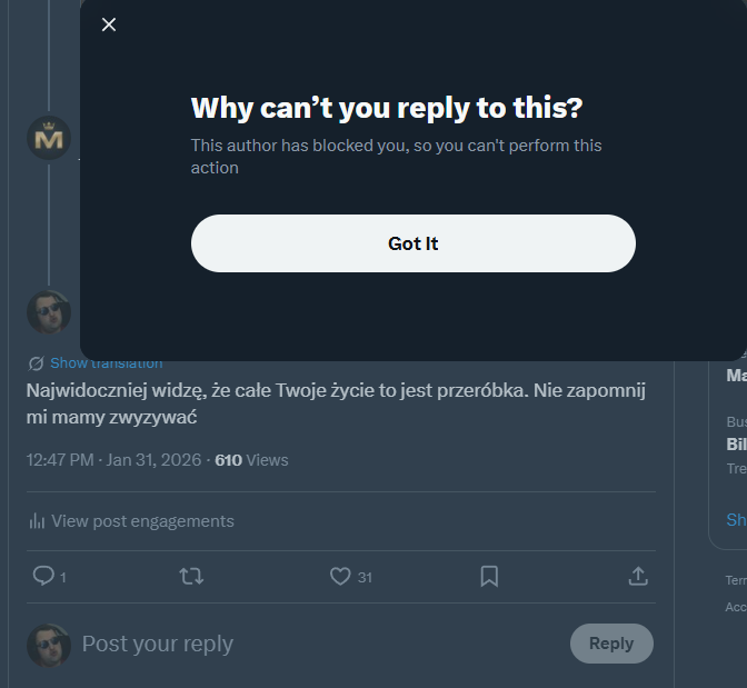 Widzę, że kulawego konfidenta boli jakakolwiek konfrontacja słowna ukrywając się pod płaszczykiem wyjebanych jaj, więc będzie blokował i miał "wyjebane"

Jedno jest pewne. Boli Cię to, że ludzie Ci tak dokuczają.  Boli Cię, że masz już 40 lat i nic produktywnego w swoim życiu nie