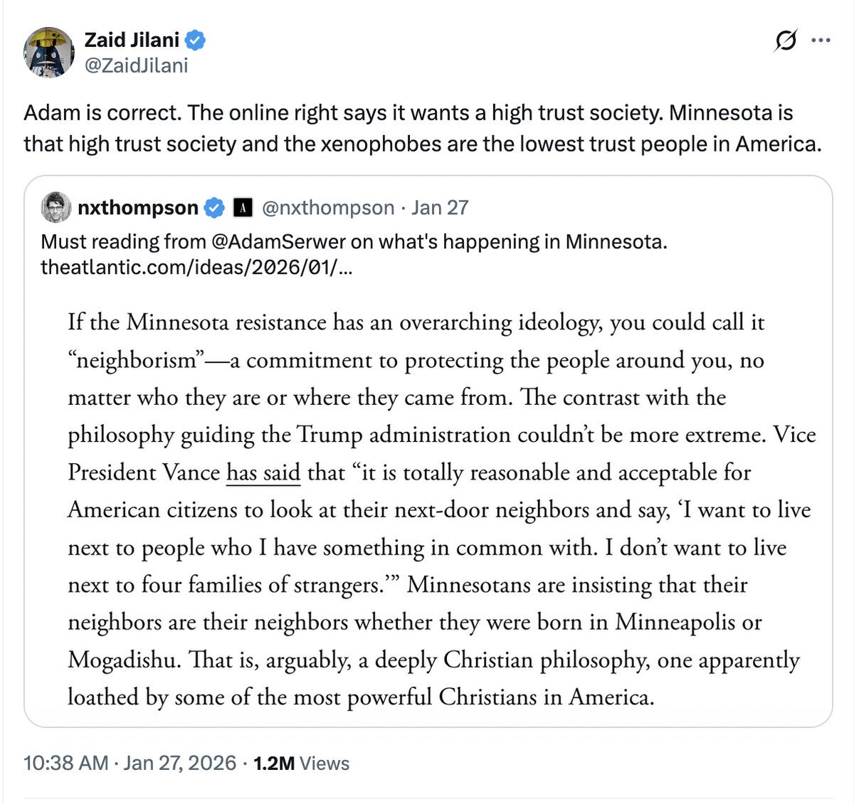 Chris_arnade's tweet image. This is entirely backwards. 

High trust means that everyone is self regulated, not that you ignore/overlook everyone else's errors. The latter is actually the hallmark of a low trust individualistic society since you have given up on, or don't believe in, a set of shared…