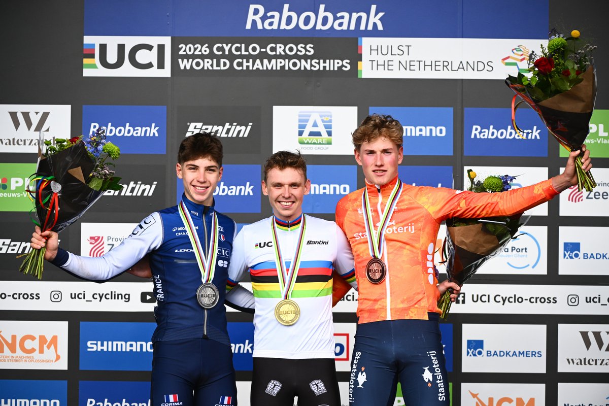 UCI_CX's tweet photo. Men U23 podium in Hulst 🌈

🥇 Aaron Dockx 🇧🇪
🥈 Aubin Sparfel 🇫🇷
🥉 Keije Solen 🇳🇱

#Hulst2026 https://t.co/eP98TvjT1U