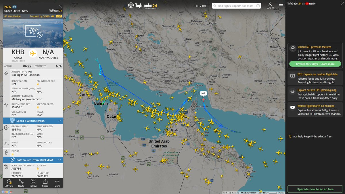 AIYeyENGDdJkjTr's tweet photo. Jan. 31, 2026
#Isa Air Base ==> #Persian Gulf #Strait of Hormuz
#NoCALLSIGN #AE6786 USN P-8A Poseidon https://t.co/xP9MrLpTz0
