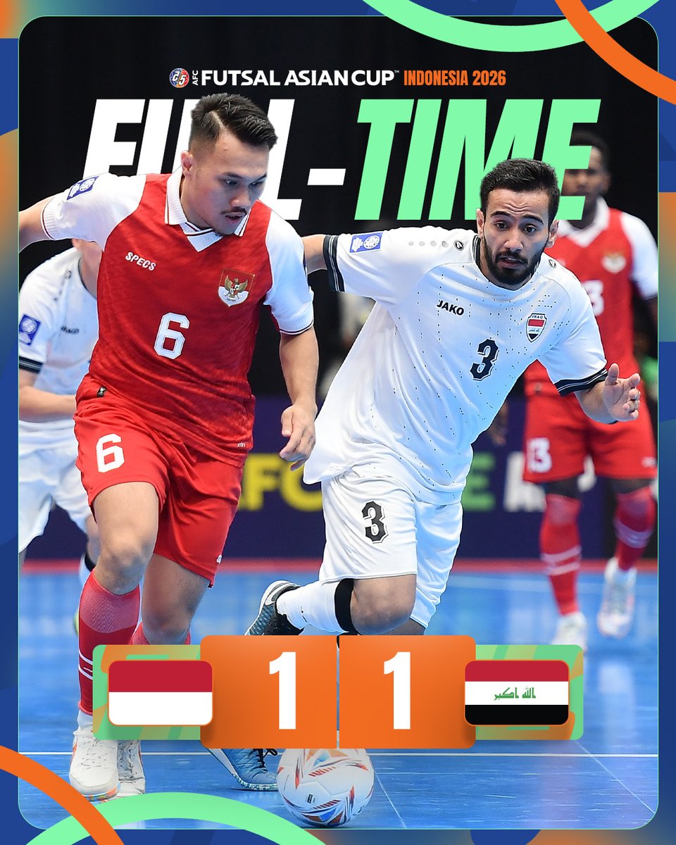 𝗙𝗧 | 🇮🇩 Indonesia 1️⃣-1️⃣ Iraq 🇮🇶

The hosts are held to a draw at Indonesia Arena after a hotly contested clash as both sides head to the quarter-finals!

#ACFutsal2026 | #IDNvIRQ