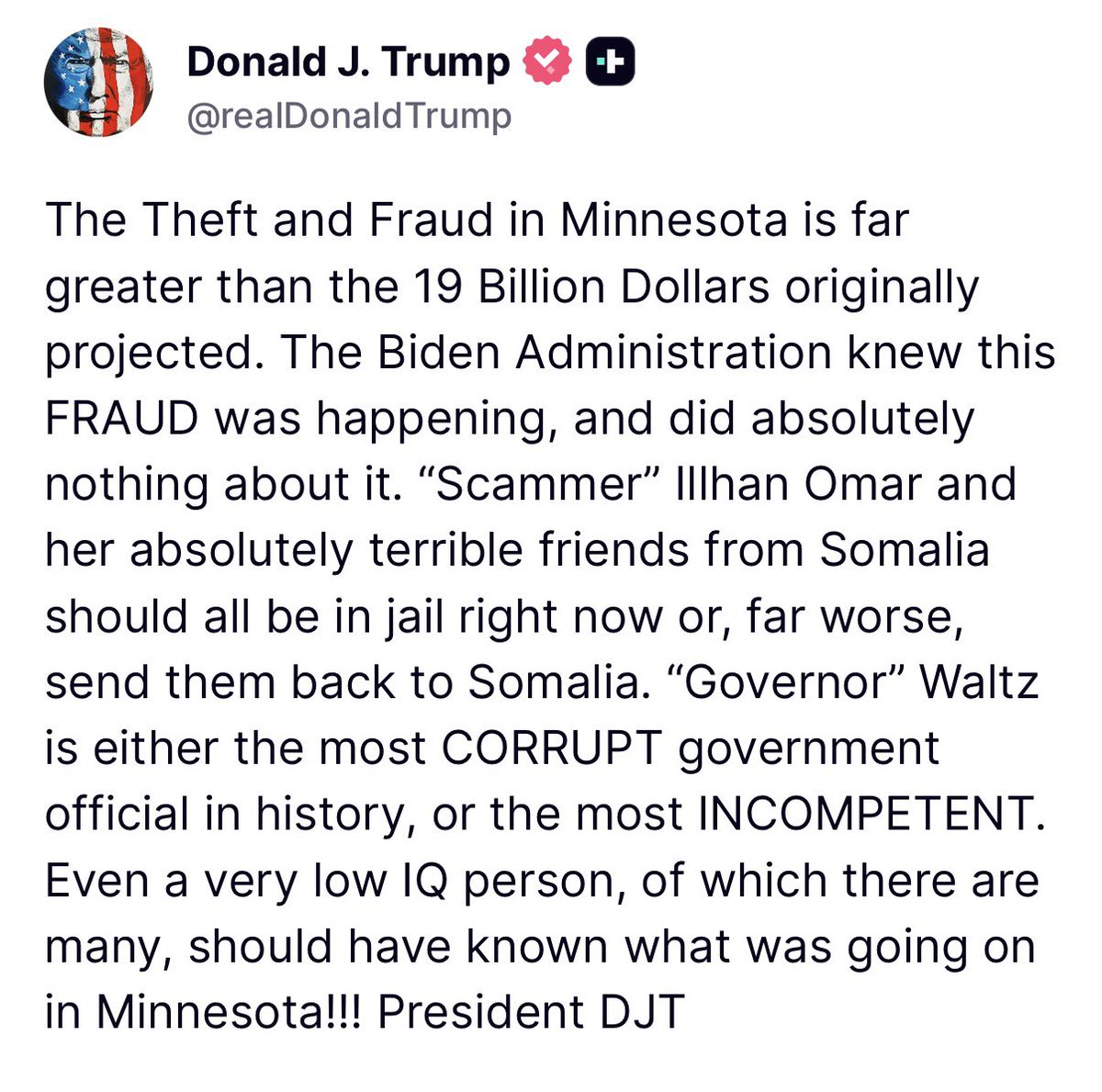 bennyjohnson's tweet photo. President Trump calls for “Scammer” Ilhan Omar and her “absolutely terrible friends from Somalia” to be put in jail or sent back to their country, which he calls worse. 🤣 https://t.co/4CWGXX79sJ
