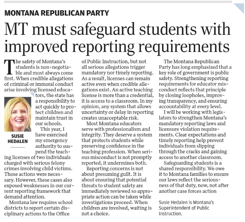 MTGOP's tweet photo. "The Montana GOP has long emphasized that a key role of government is public safety. Strengthening reporting requirements for educator misconduct reflects that principle by closing loopholes, improving transparency, and ensuring accountability at every level."

- @SuptHedalen https://t.co/i5j5Jih1YQ