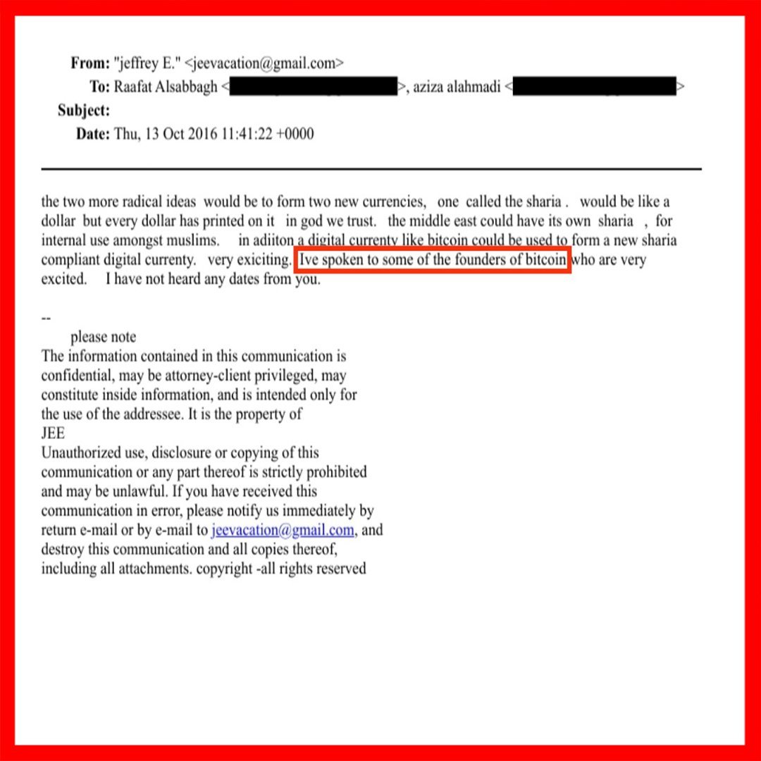 MinusWells's tweet image. 🤯 Jeffrey Epstein's SHOCKING 2016 email just dropped in the DOJ's massive 3M-file dump!  

More than one Satoshi exists! 

He's pitching a "Sharia" fiat currency stamped with "In God We Trust" for Middle Eastern Muslims 

Epstein's chatting with Saudi royals about teaming up…