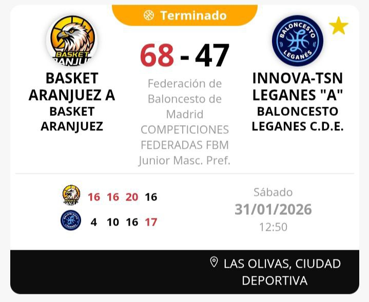 BasketAranjuez's tweet photo. Victoria del #JunMasc frente a @basketleganes.  #Rubén: "Partido muy lento, donde no impusimos el ritmo ofensivo que podemos dar, en defensa el final del partido borró el trabajo realizado en los primeros cuartos" https://t.co/HCu5IwFSd4