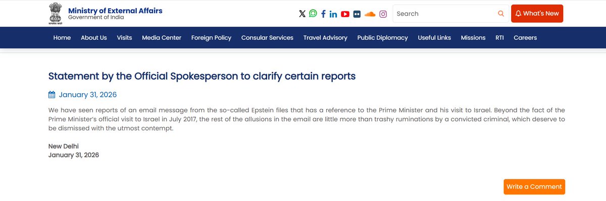 A press release by MEA reads, "We have seen reports of an email message from the so-called Epstein files that has a reference to the Prime Minister and his visit to Israel. Beyond the fact of the Prime Minister’s official visit to Israel in July 2017, the rest of the allusions in