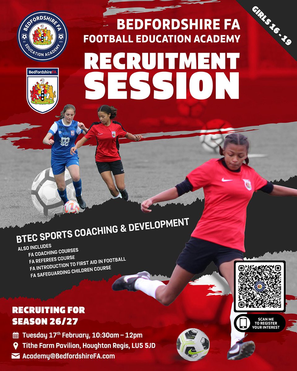⚽️ GIRLS PROGRAMME ⚽️

Are you a Year 11 or Year 12 student looking to combine our academy football with education. This is your opportunity to represent our Football Education Academy

📅 Recruitment Session: TUES 17TH FEB

Register and find out more 👇
shorturl.at/c32ie