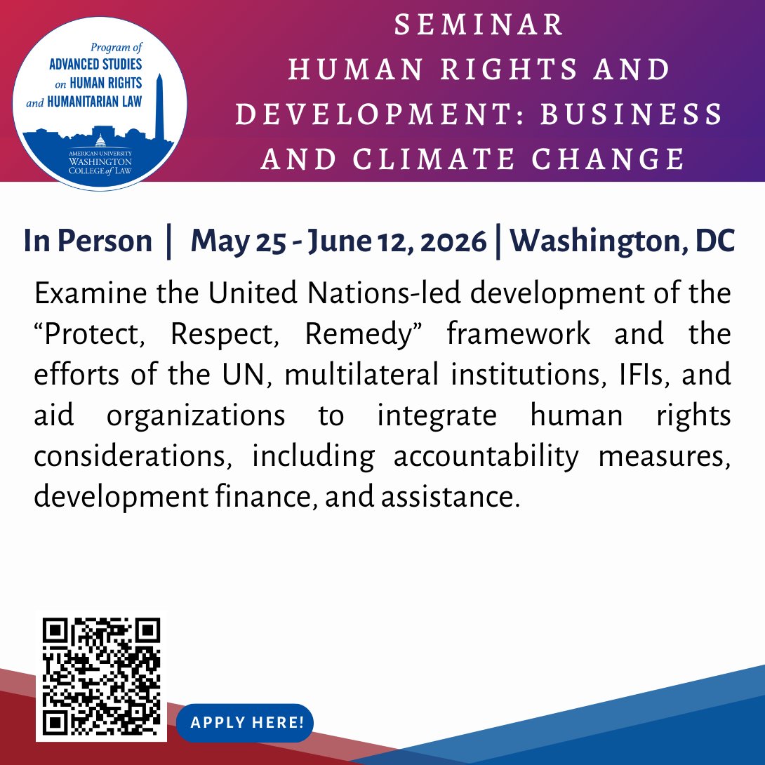 ⚖️ The Academy presents Human Rights &amp; Development: Business and Climate Change. 
Explore human rights, sustainability, and the role of business in climate action through global frameworks and case studies.
🌍 Washington, D.C. | 👉 Apply today: american.co1.qualtrics.com/jfe/form/SV_cZ…