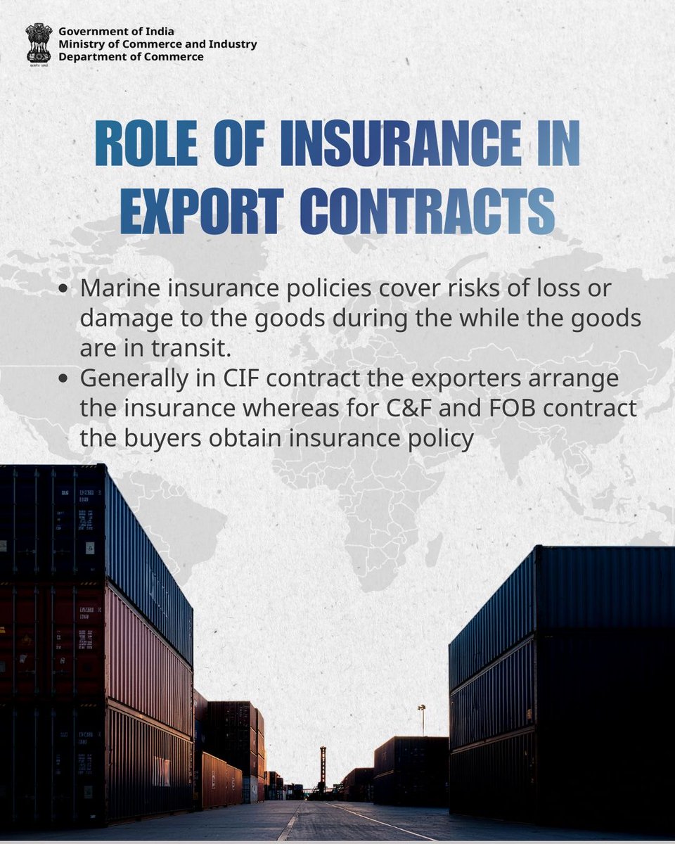 DoC_GoI's tweet photo. Why is insurance critical in export contracts?
In international trade, marine insurance plays a vital role in protecting goods from loss or damage during transit.
Read here: https://t.co/FDkWfLvWhY
#DoC_GoI #ExportInsurance #TradeTips @RajeshAgrawal94 @PIB_India https://t.co/k017dkFLua