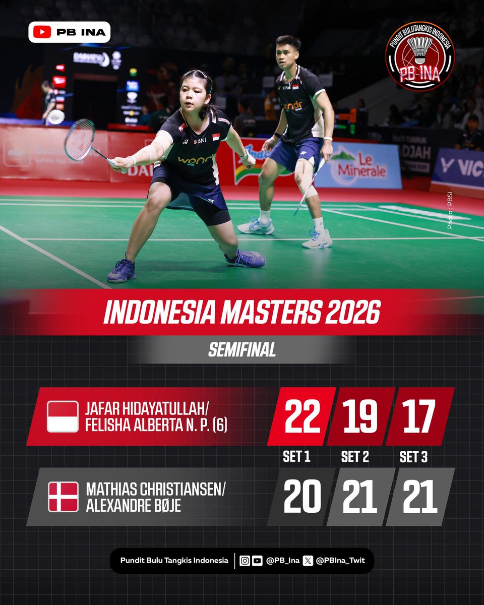 Telah berjuang maksimal namun langkah Jafar/Felisha terhenti di semifinal Indonesia Masters 2026. 

Bangkit lebih kuat, JaFel! 💪