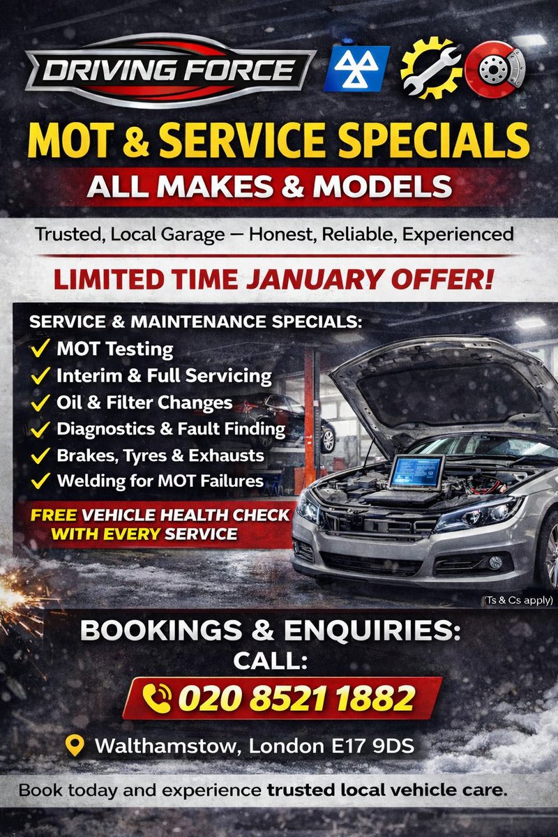 E17DrivingForce's tweet photo. 🚗 MOT &amp; Service Specials
All makes &amp; models
📞 020 8521 1882
#MOT #CarService #Walthamstow #EastLondon #LocalGarage https://t.co/UQvweXFDh1