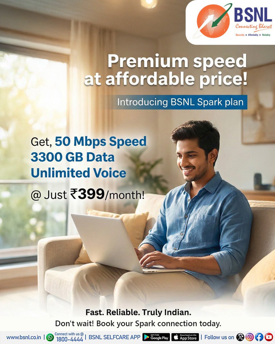 Slow internet holding you back? 

Choose BSNL Spark PlanGet 50 Mbps speed, 3300 GB high-speed data per month, unlimited voice calls, and secure browsing - all for just ₹399/month. 

Fast. Reliable. Truly Indian. 

Book Now: Say 'Hi' on WhatsApp 18004444

#BSNLSpark