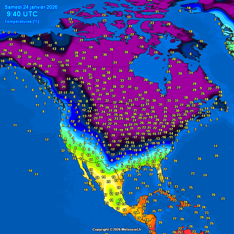 ExtremeMeteo's tweet photo. La vague de froid parfois intense, s'installe par le Canada et commence à descendre sur les USA. A l'interface entre les 2 masses d'air, des intempéries neigeuses et verglaçantes sont à craindre. C'est un épisode majeur qui débute et le plus important de cet hiver sur le continent nord américain.