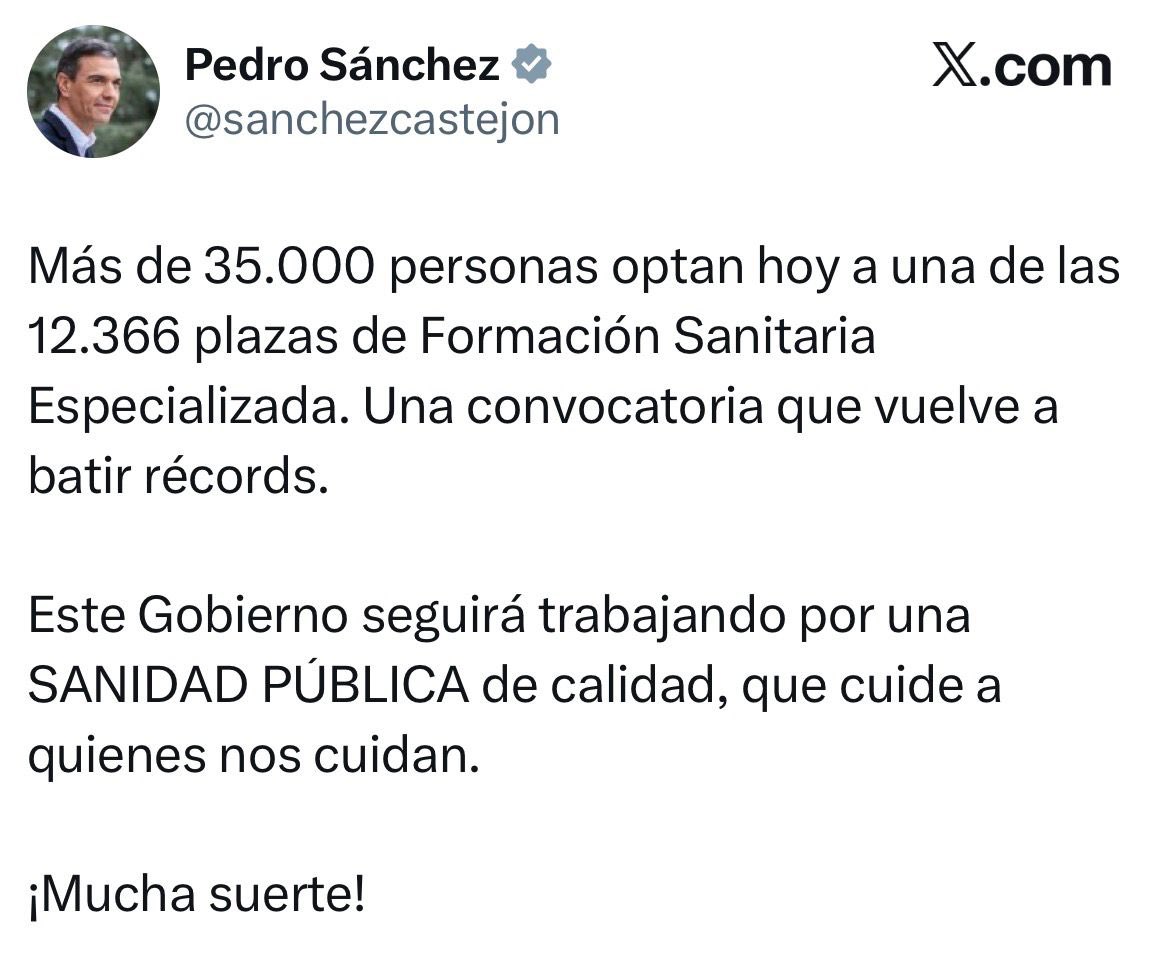 Suerte?? Cumpla ley como presiente del Gobierno!

Habéis reducido sedes, incumplido plazos y generado inseguridad jurídica.

👉 Miles de profesionales admitidos se quedarán sin MIR y apenas hay 36 plazas más de Atención Primaria cuando el déficit es de 4.500

El récord es en caos