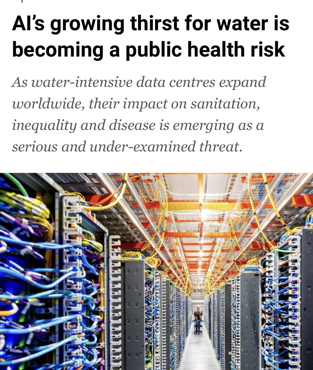 JamesMelville's tweet image. A recent report from the UK’s Government Digital Sustainability Alliance predicts that AI will increase global water usage from 1.1 billion cubic metres to 6.6 billion cubic metres by 2027. This is a staggering increase and poses a real risk to water security.