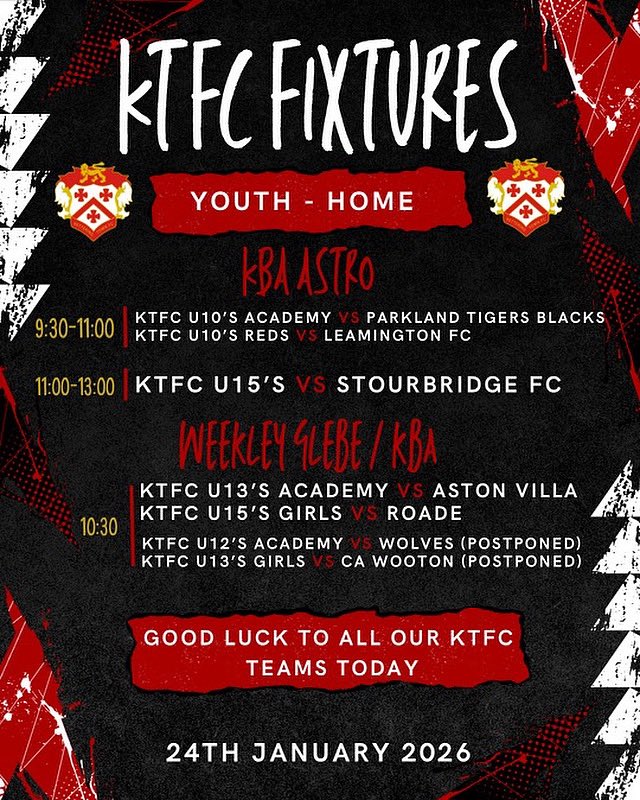 KTFCacademy's tweet photo. KTFC HOME YOUTH FIXTURES TODAY AT NN16 9NS - if anyone fancies watching some of our fantastic youngsters play this mornings home matches ⚽️
COYYP!!! 🔴⚫️ https://t.co/wQXOYpHCS6