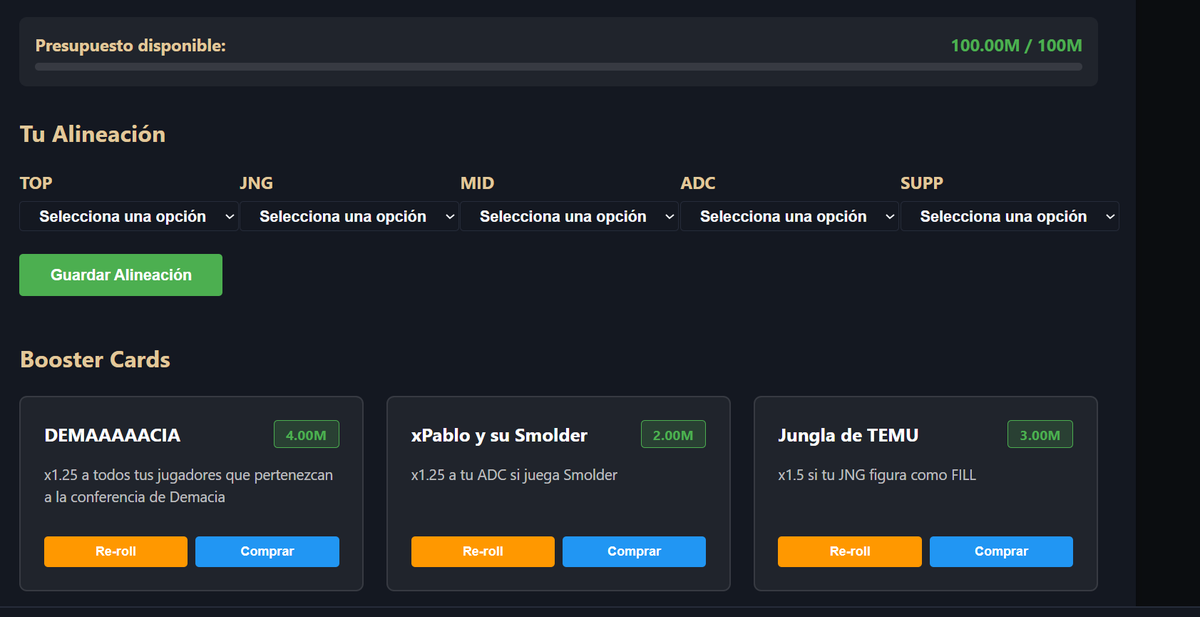 Tenemos Primera División, fase de ascenso, página web, y ahora un fantasy con booster cards..
Para ser una liga de Platinos Esmeraldas no está mal.

Contratennos <a href="/LESESPORTS/">LES - Liga Española de League of Legends</a>