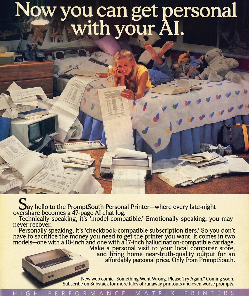 SWWPTA's tweet image. “Now you can get personal with your AI.”

Translation: your 2am overshare is now a 47-page printout your future self will never emotionally recover from. 😂🧾

From the web comic “Something Went Wrong. Please Try Again.”

👉 swwpta.com

#AI #genai #chatlogs