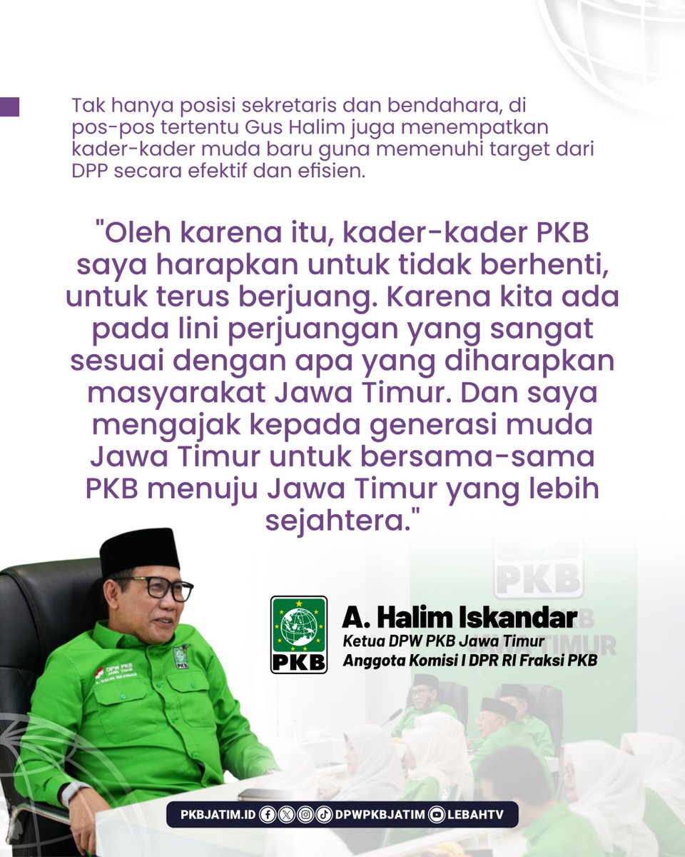 Abdul Halim Iskandar kembali memimpin DPW PKB Jawa Timur periode 2026–2031. Didampingi kader muda sebagai sekretaris dan bendahara, PKB Jatim menegaskan komitmen regenerasi, kemenangan elektoral, dan perjuangan untuk kesejahteraan masyarakat.

#PKBJatim #GusHalim #PKBBangkit
